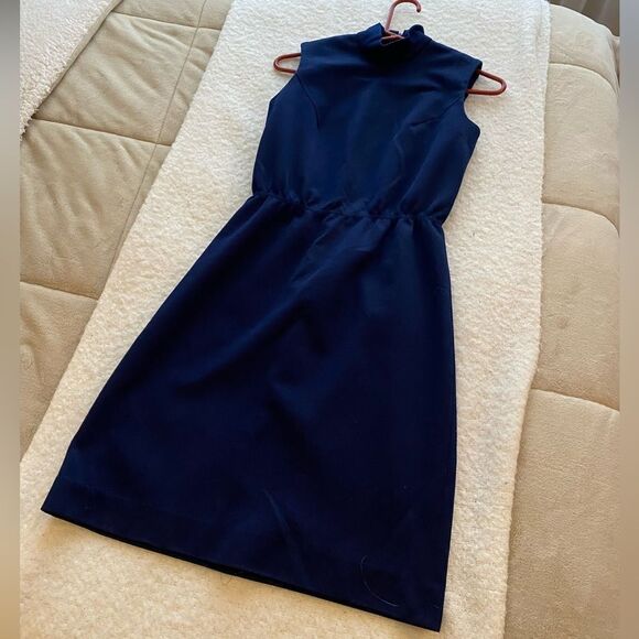 Vintage VTG Navy Blue Short Sleeve Turtleneck Dress Size Medium 60s Mod - Picture 5 of 11